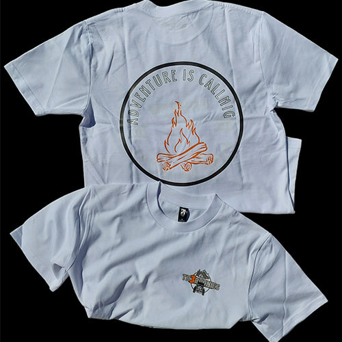 White Classic Tee- Adventure is Calling, Bonfire